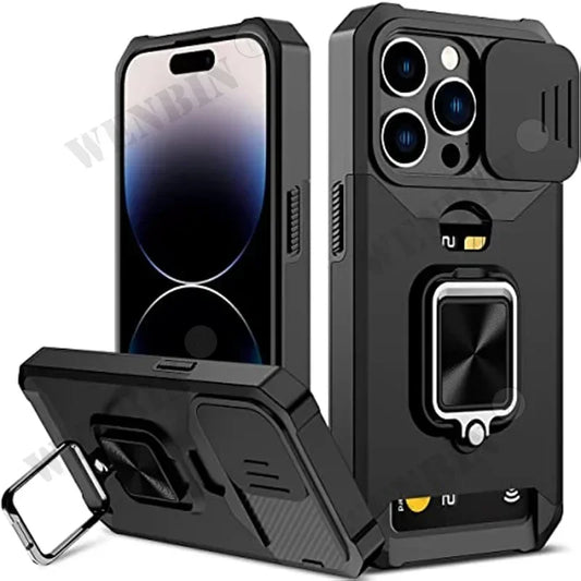 Heavy-Duty iPhone Case – Sliding Camera Cover + Card Clip